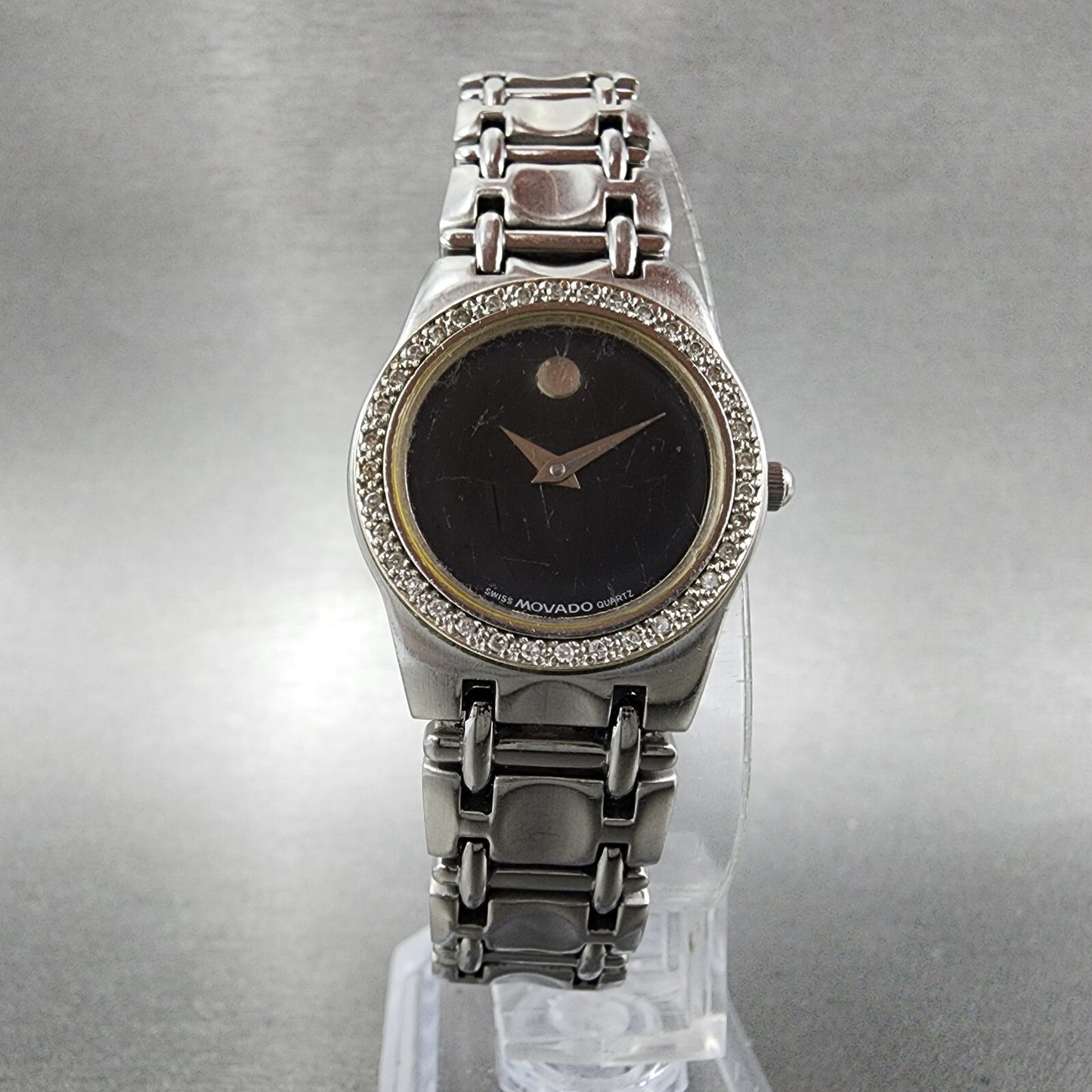 Movado Museum Watch Women 24mm Black Dial Steel Diamond Bezel New Battery