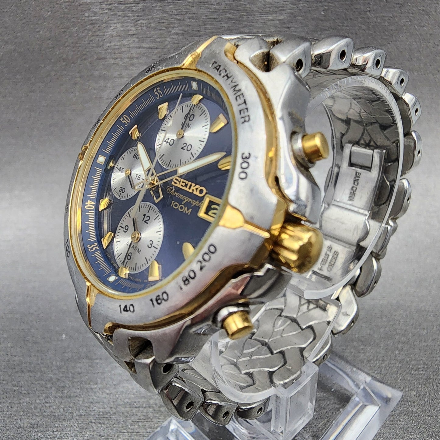 Seiko Chronograph Watch Men 38mm Blue Dial Two Tone Date 7t62-0ch0 New Battery