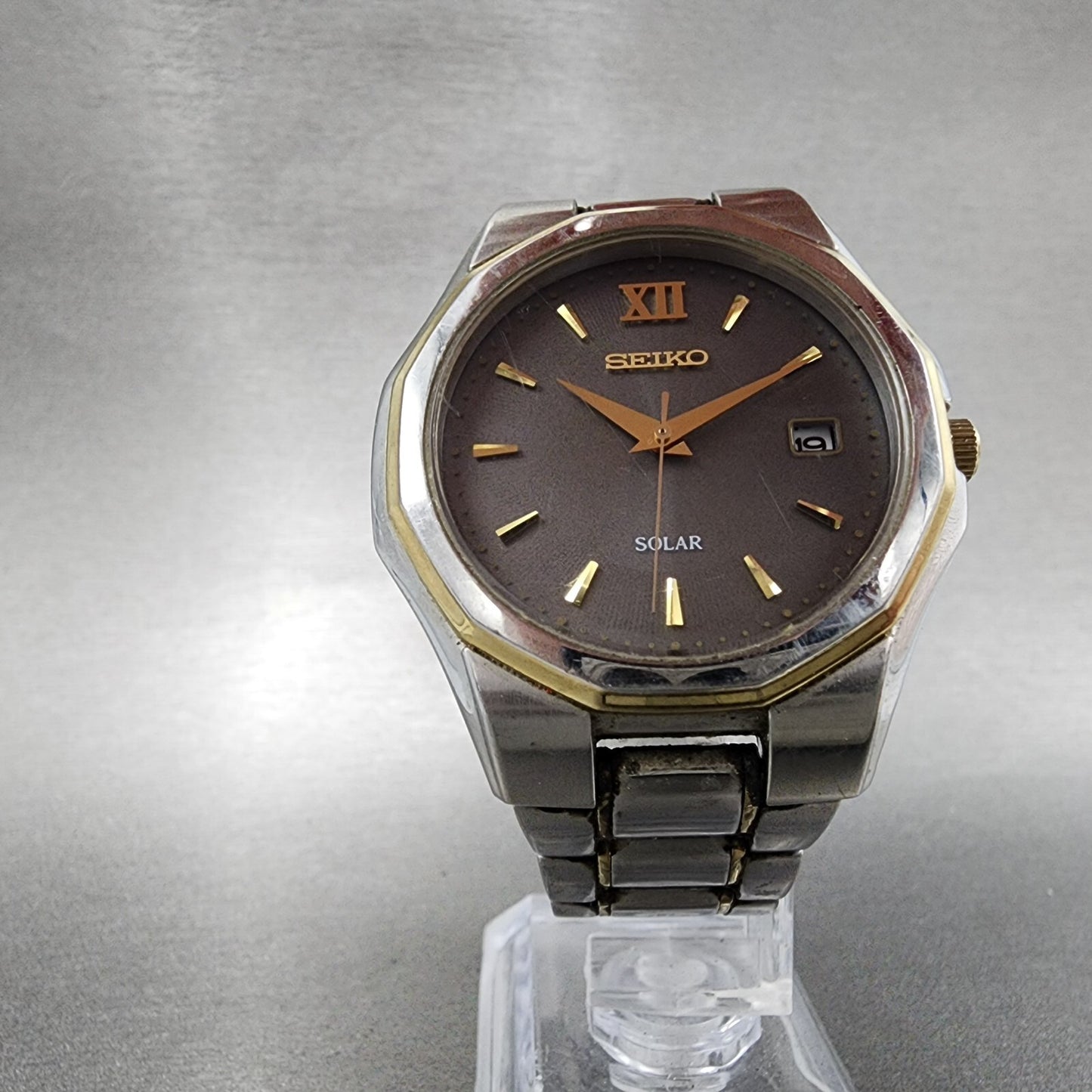 Seiko Solar Watch Men 40mm Gray Dial Two Tone Date V157-0ak0 Runs