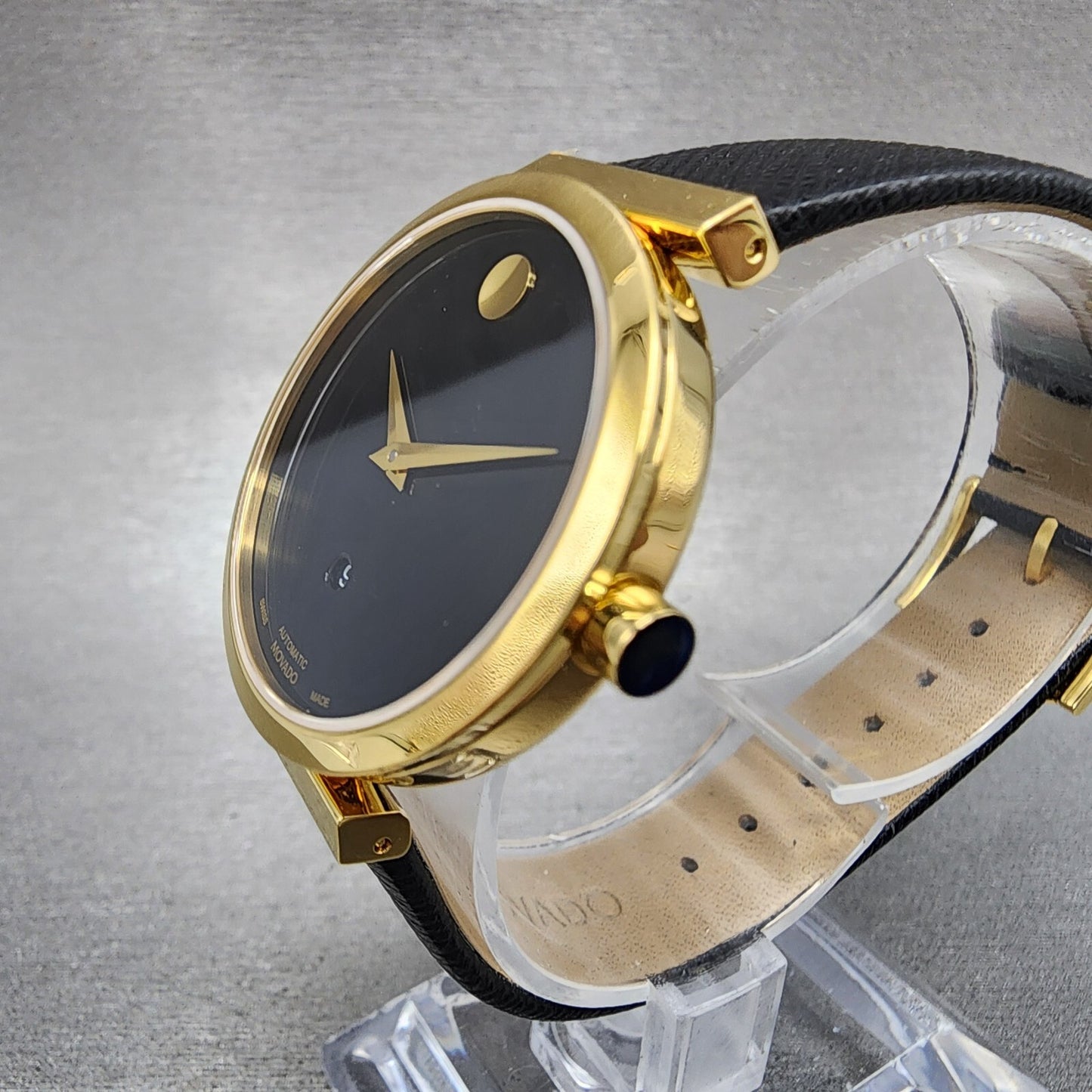 Movado Museum Classic Automatic Watch Women 32mm Black Dial Gold Date Leather