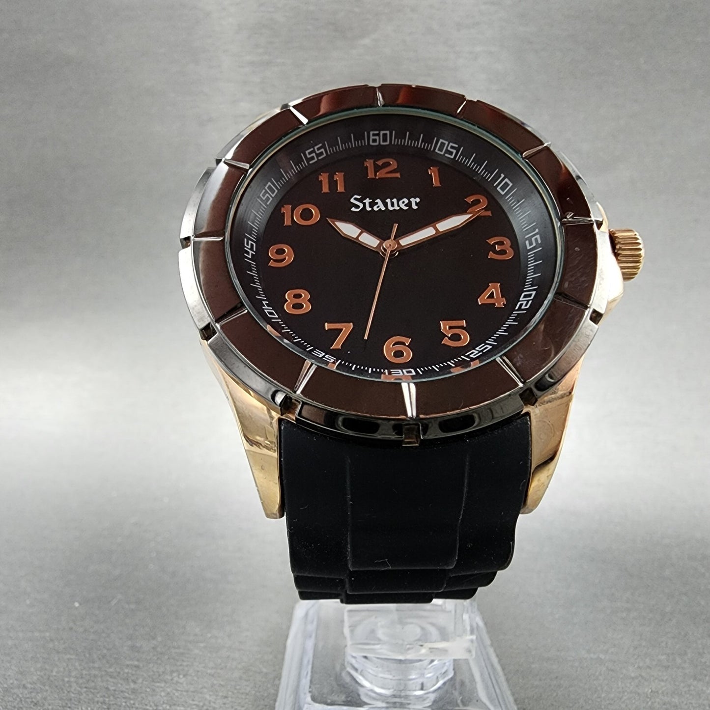 Stauer Blazon Watch Men 36mm Black Dial Rose Gold Tone Round 23523 New Battery