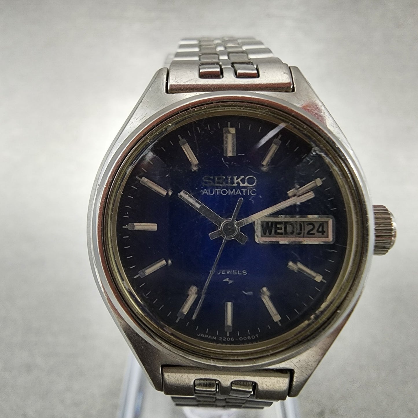 Seiko Automatic Watch Women 25mm Blue Dial Silver Tone Daydate 2206-0510 Runs