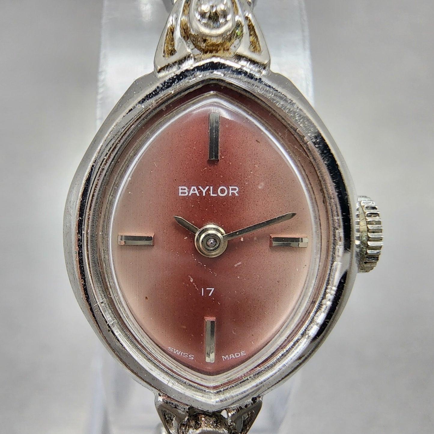VTG Baylor Watch Women 17mm Pink Dial Silver Tone Oval Manual Wind Runs