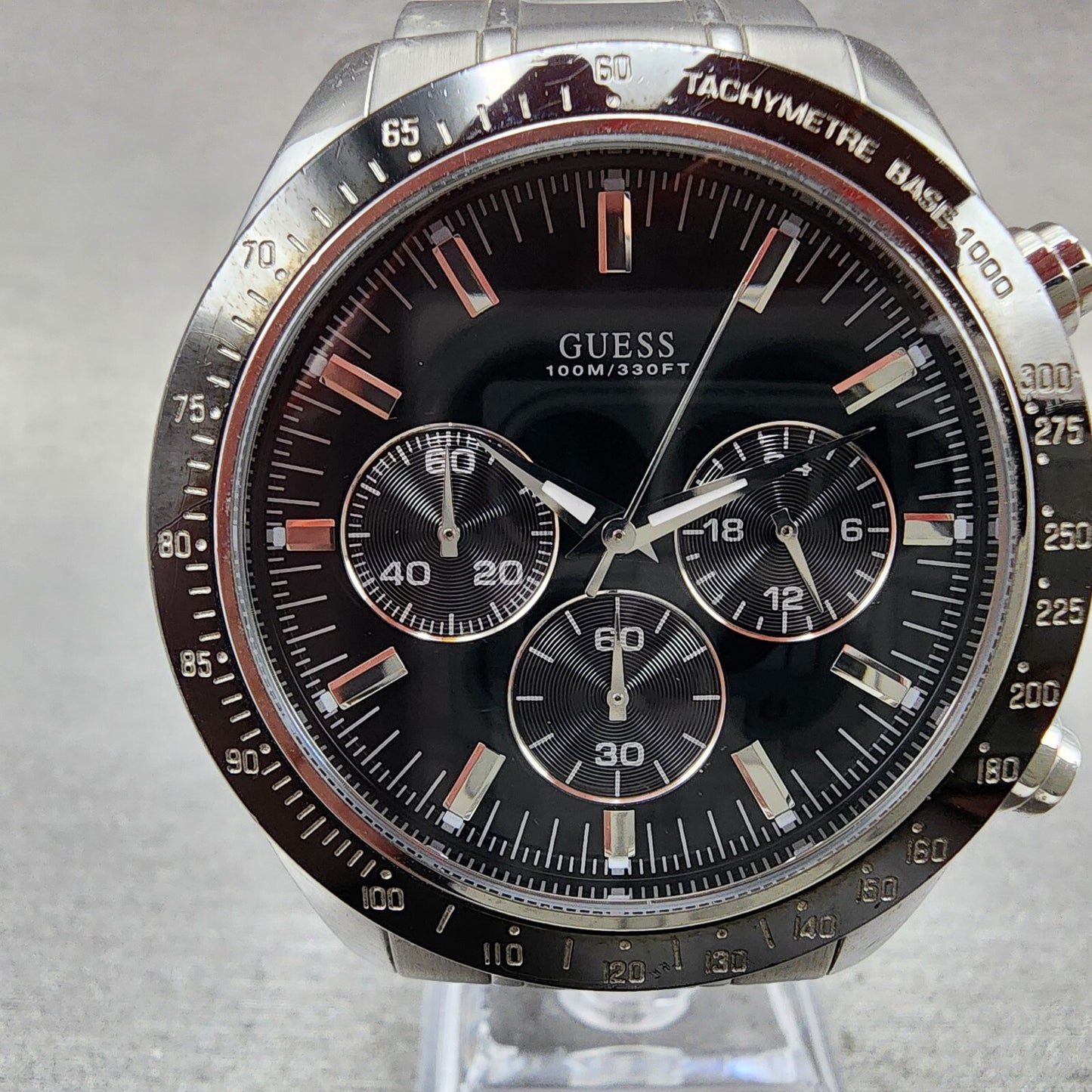 Guess Chronograph Watch Men 42mm Black Dial Steel Round U12505G1 New Battery