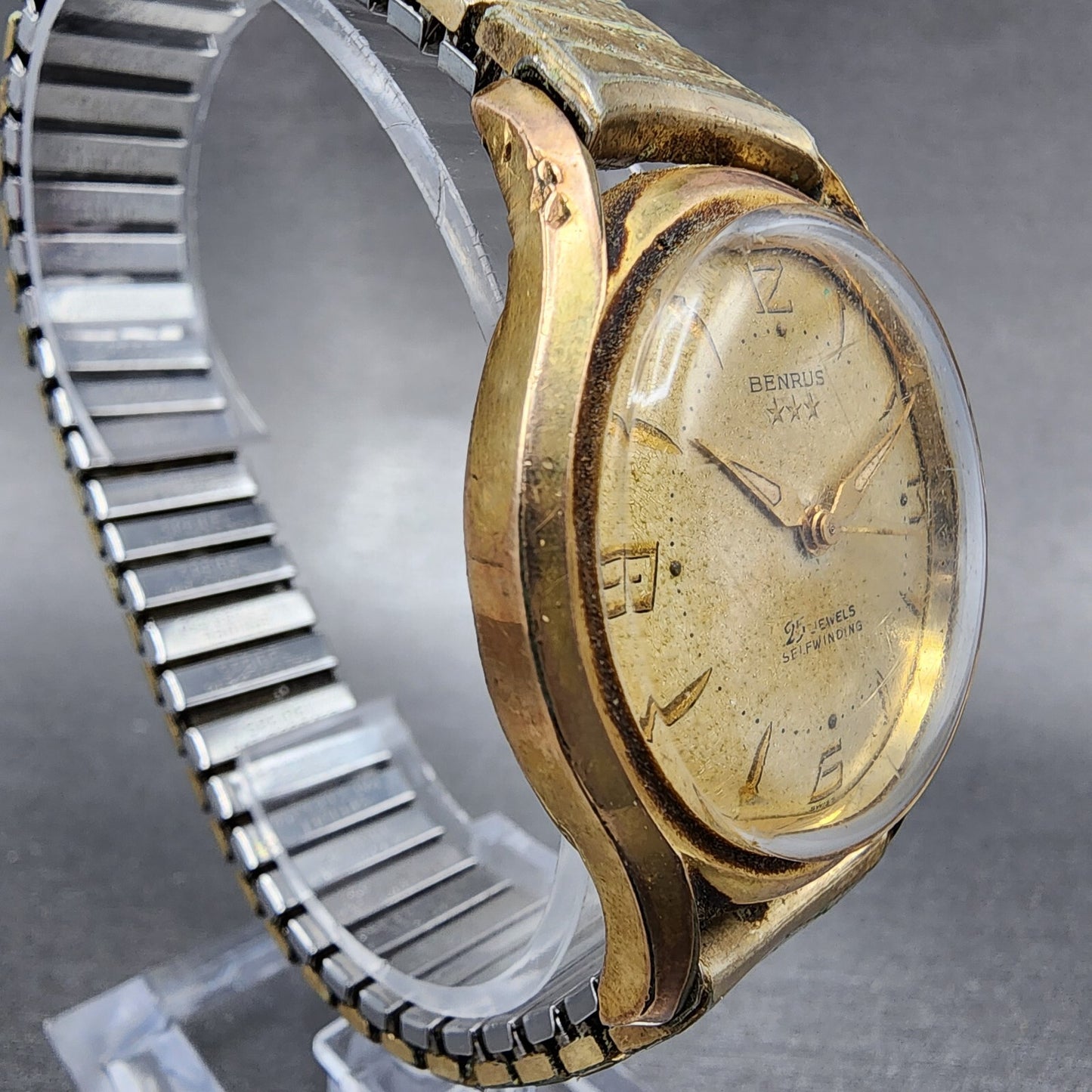 Benrus Three Star Automatic 25 Jewels Watch Men 34mm Cream Dial Gold Tone PARTS