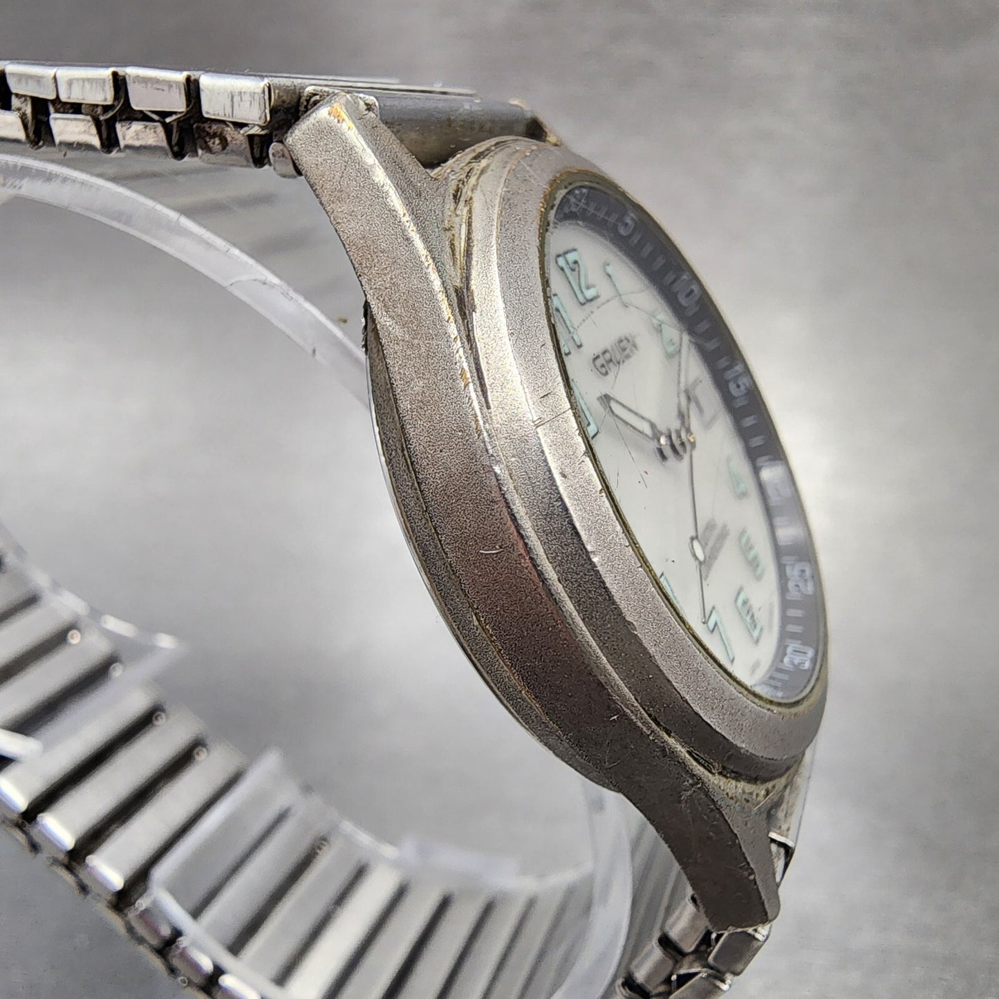 Gruen Watch Men 35mm White Dial Gray Tone Date backlight Round New Battery