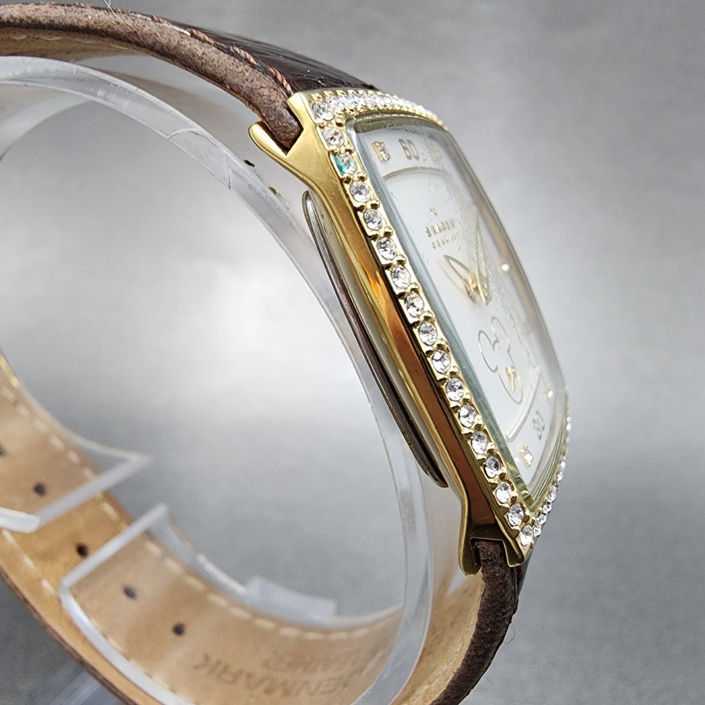Skagen Mickey Mouse Watch Women 27mm White Dial Gold Tone Rectangle New Battery