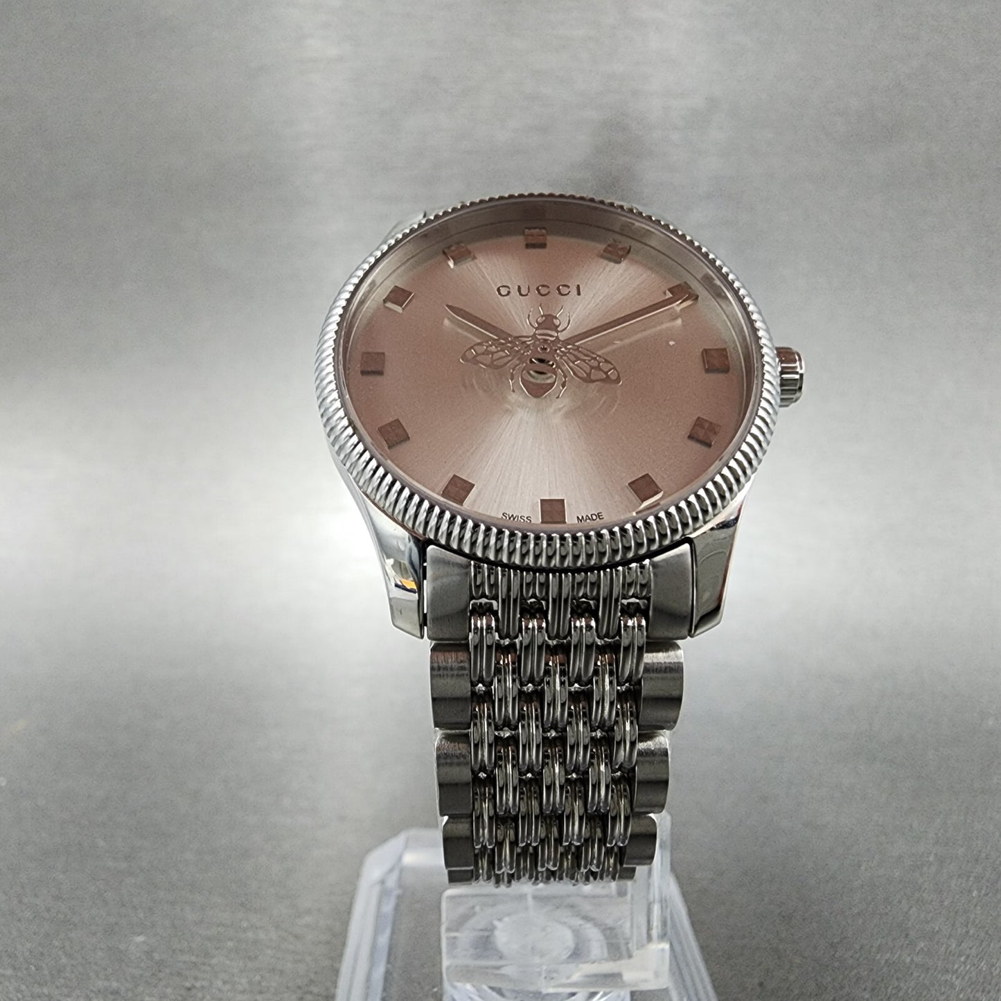 Gucci G-Timeless Watch Women 29mm Silver Dial Steel Round Bracelet YA1265019