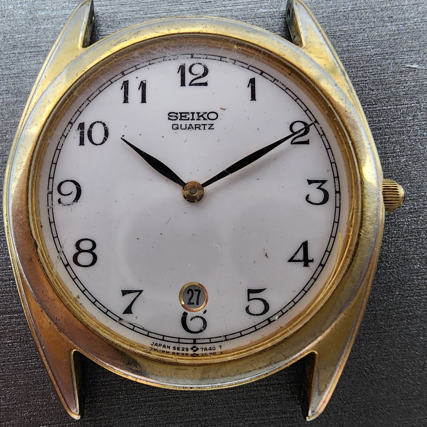 Seiko Watch Men 34mm White Dial Gold Tone Date Round 5E29-7A20 PARTS