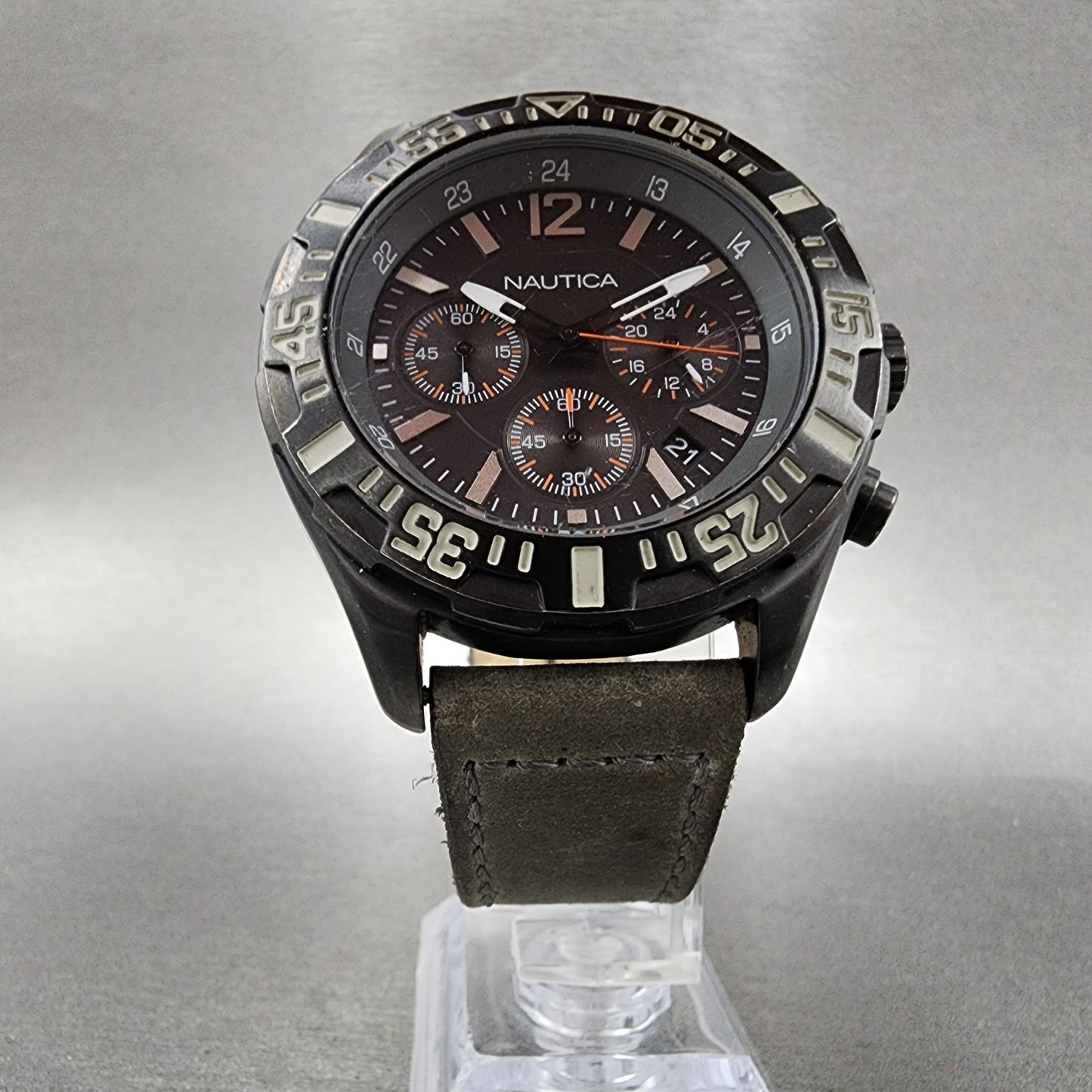 Nautica Chronograph Dive Watch Men 45mm Gray Dial Black Tone Date Round New Batt