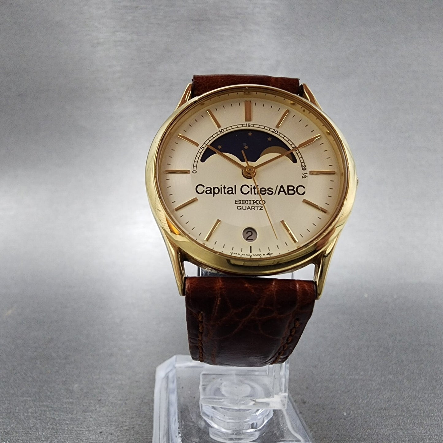 Seiko Moonphase Watch Men 32mm Silver Dial Gold Tone Date 7434-7008 PARTS