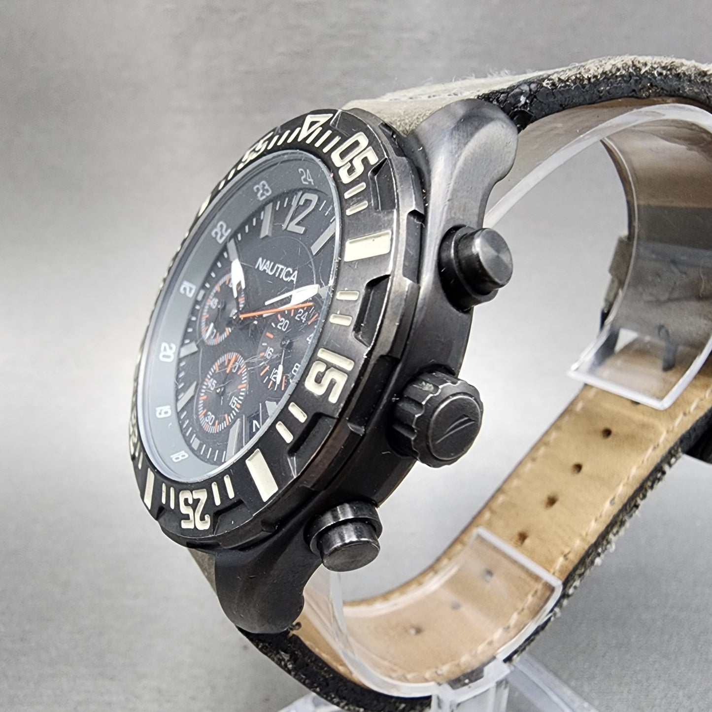 Nautica Chronograph Dive Watch Men 45mm Gray Dial Black Tone Date Round New Batt