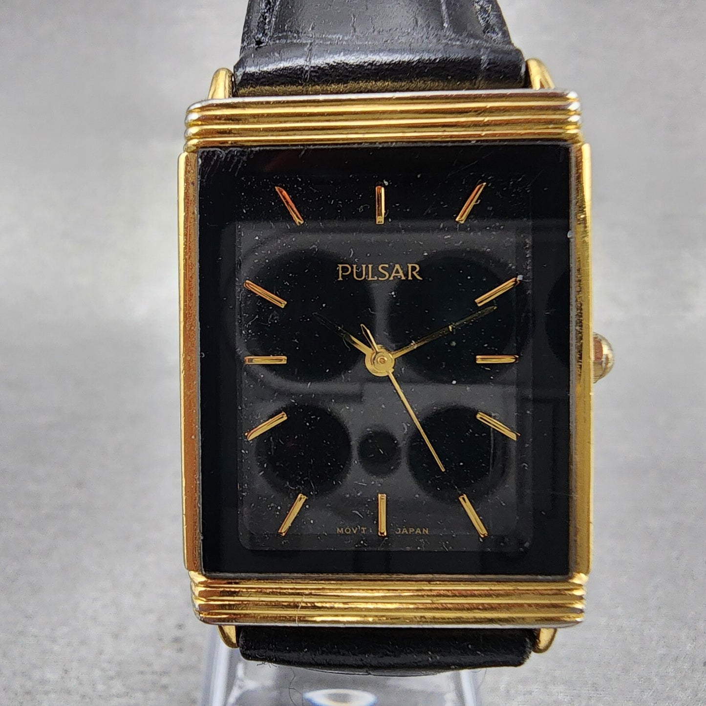 Pulsar Tank Watch Men 25mm Black Dial Gold Tone Rectangle V701-X042 New Battery