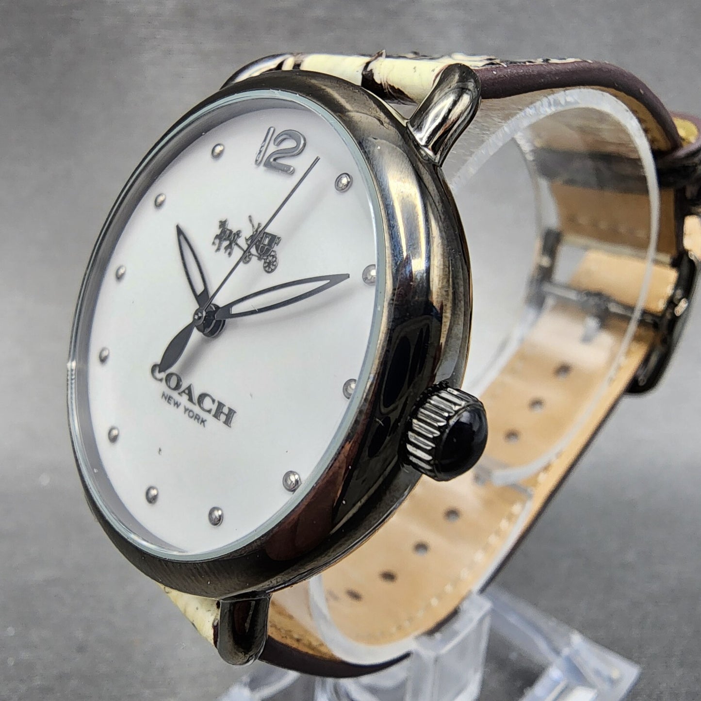 Coach Delancey Watch Women 36mm White Dial Black Tone Round Leather New Battery