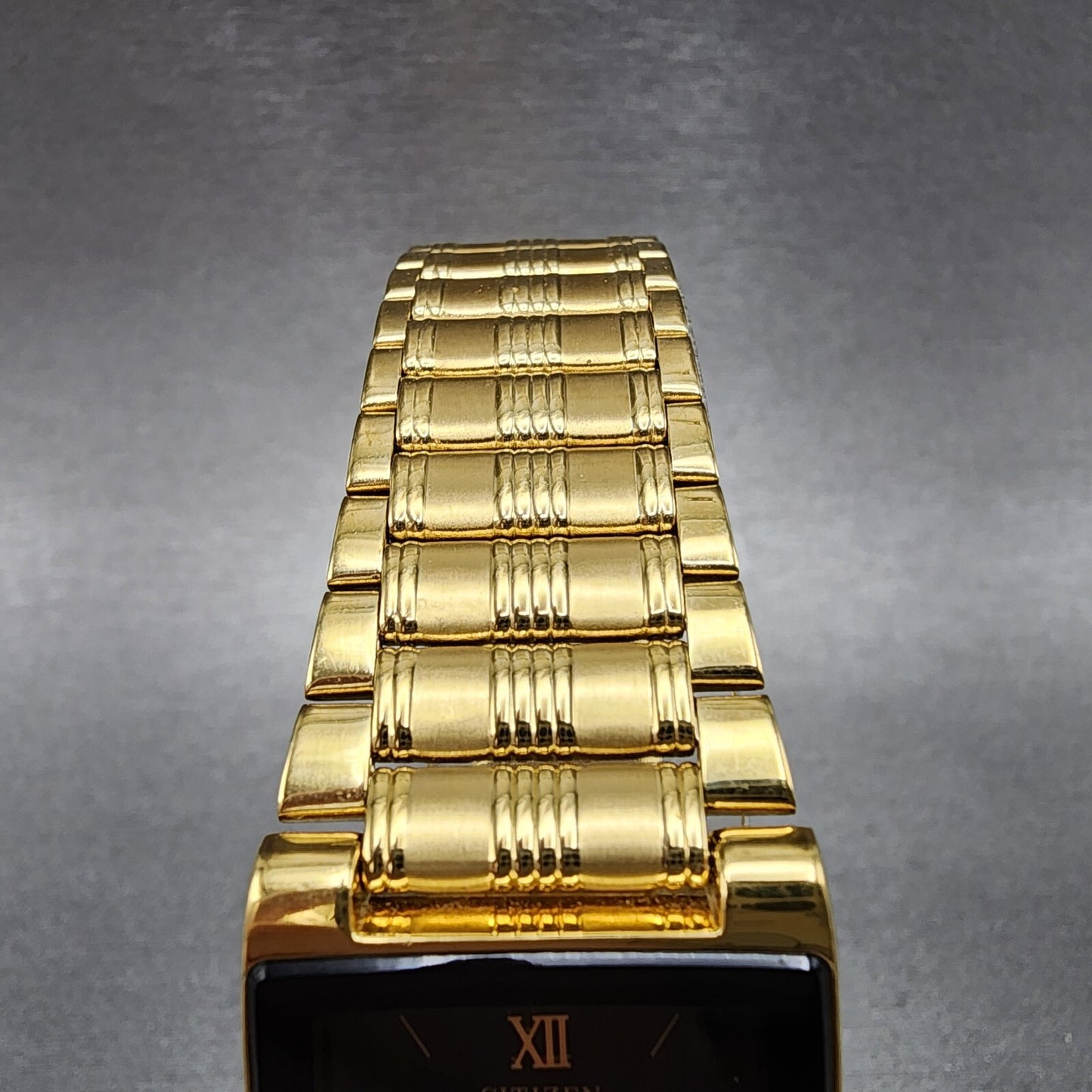Citizen CQ Tank Watch Men 25mm Black Dial Gold Tone 1022-H14231 New Battery