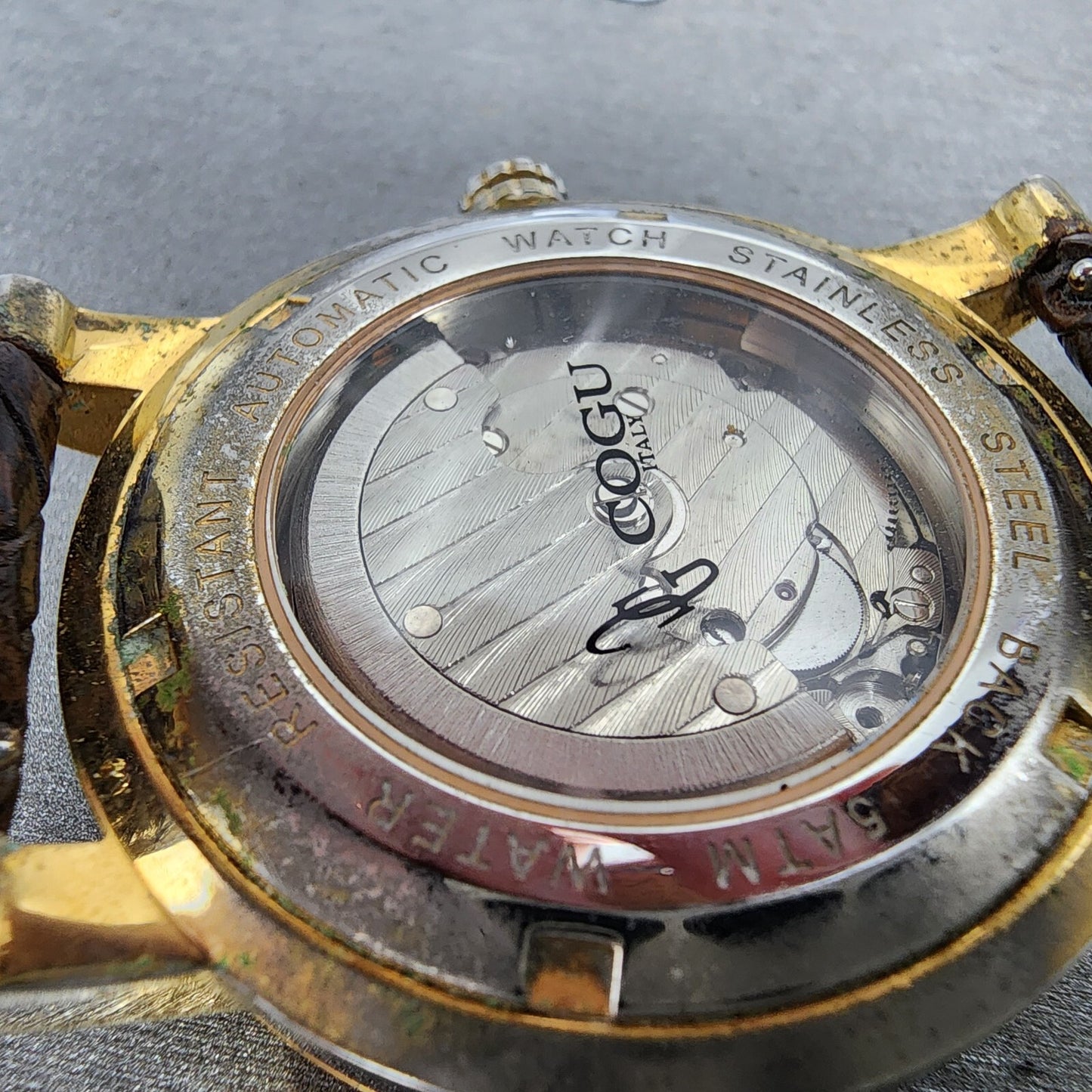 COGU Skeleton Watch Men 42mm Skeleton Dial Gold Tone Automatic Leather Band Runs