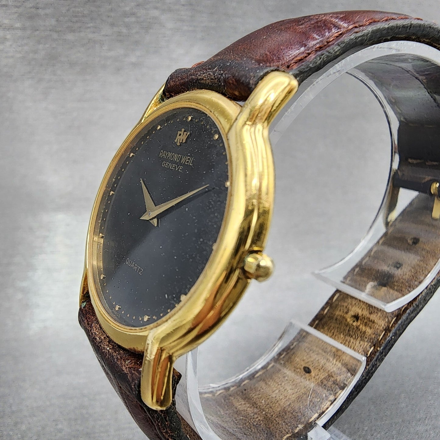 Raymond Weil Watch Men 32mm Black Dial Gold Plated Round 114 New Battery