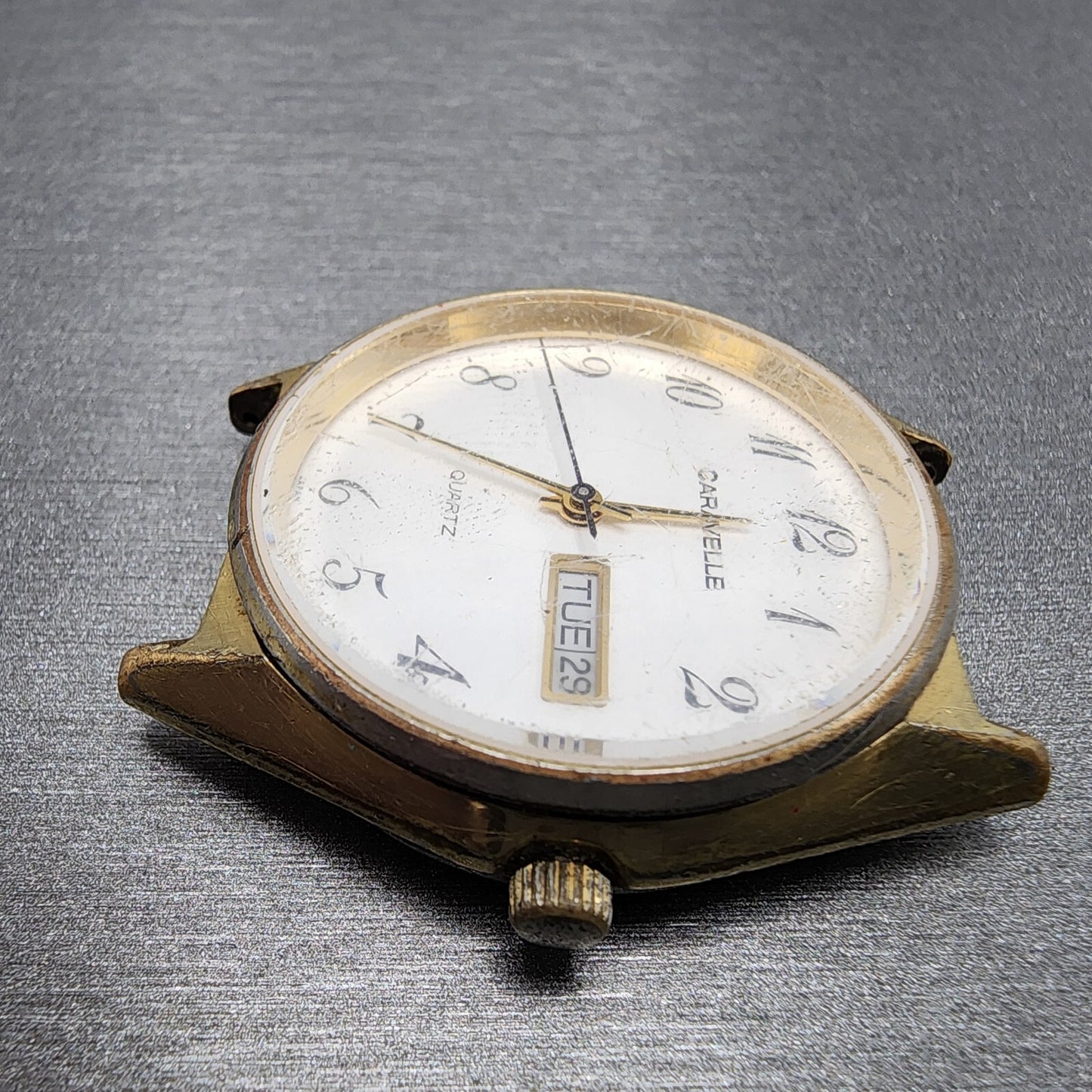 VTG Caravelle Watch Men 35mm White Dial Gold Tone Daydate Round PARTS