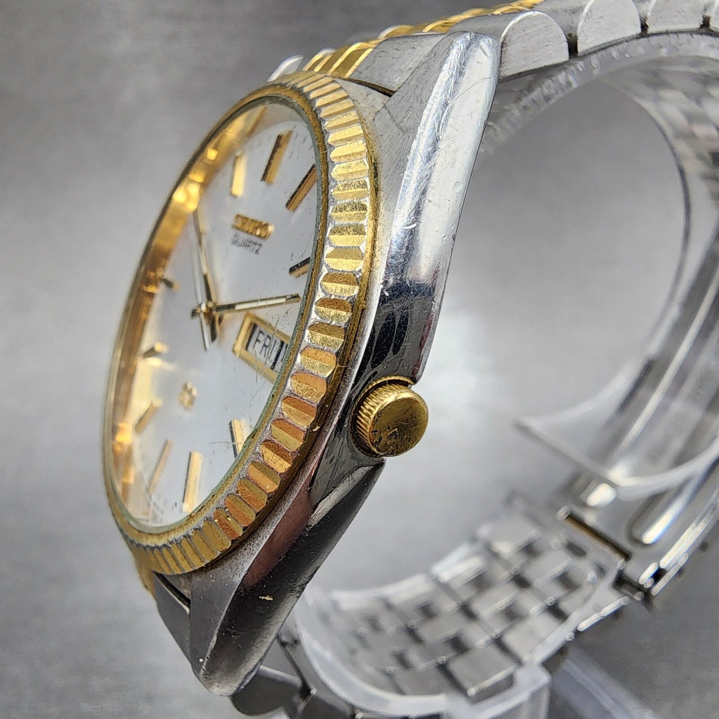 Seiko SQ President Watch Men 37mm Silver Dial Two Tone Daydate 5y23-8a69 New Bat
