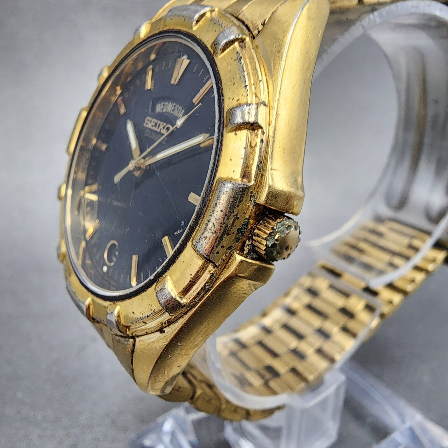 Seiko Watch Men 37mm Black Dial Gold Tone Daydate 7n43-6a79 New Battery