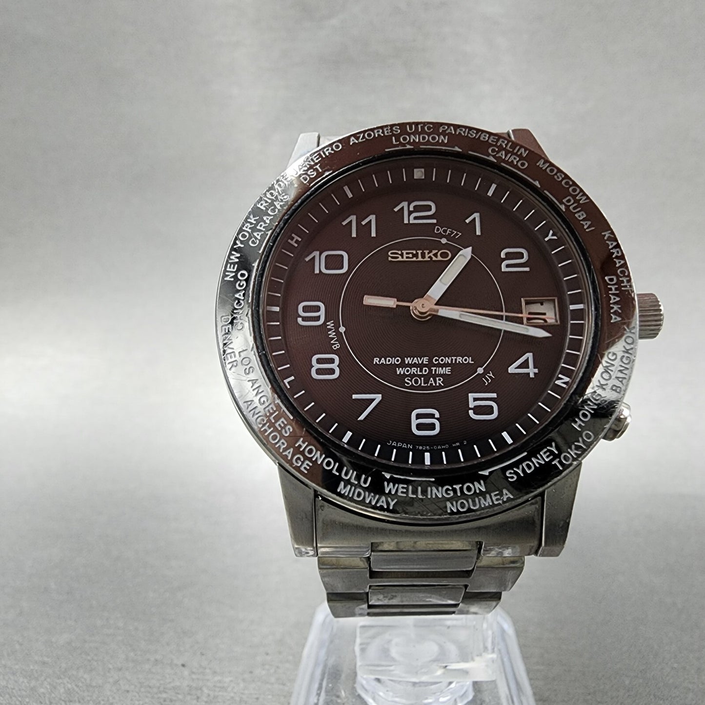 Seiko World Time Solar Watch Men 39mm Black Dial Silver Tone Date 7b25-0ad0 Runs