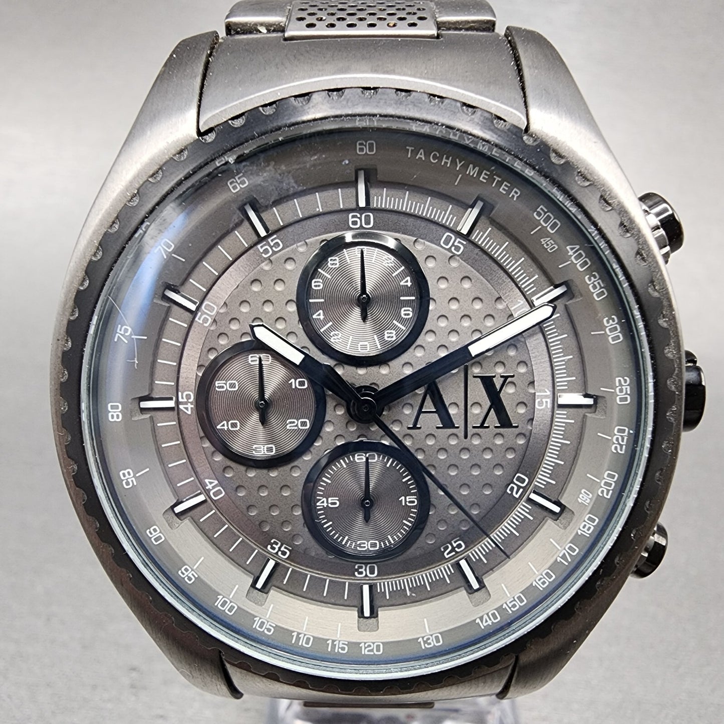 Armani Exchange Chronograph Watch Men 45mm Gray Dial Gunmetal Case Round New Bat