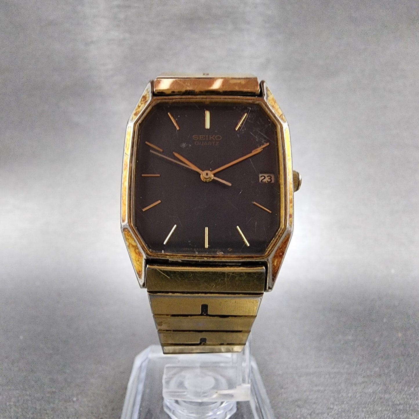 Seiko Watch Men 26mm Black Dial Gold Tone Date Octagon 6532-5310 New Battery