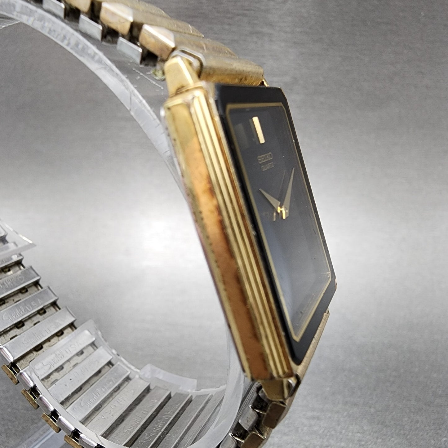 Seiko Tank Watch Men 26mm Black Dial Gold Tone Rectangle 7430-5169 New Battery