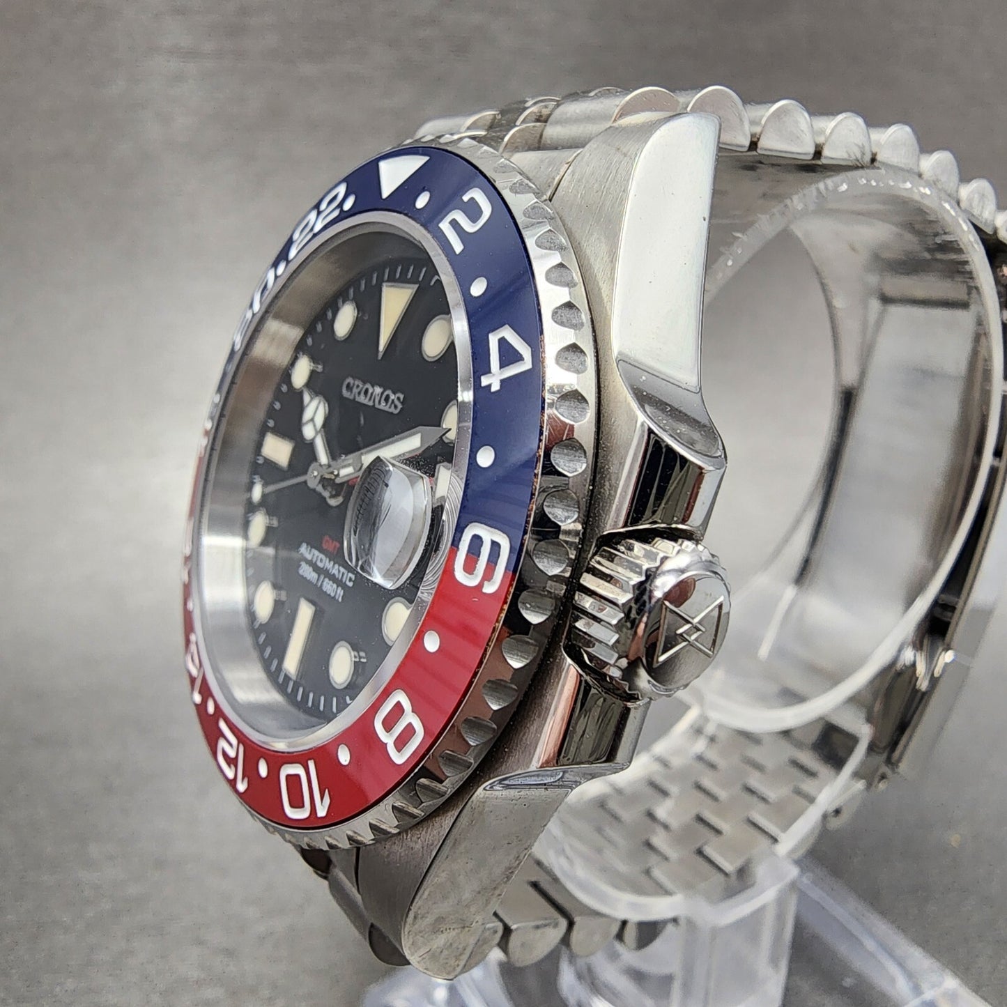 Cronos Pepsi GMT Watch Men 41mm Black Dial Steel Date Automatic Round Runs