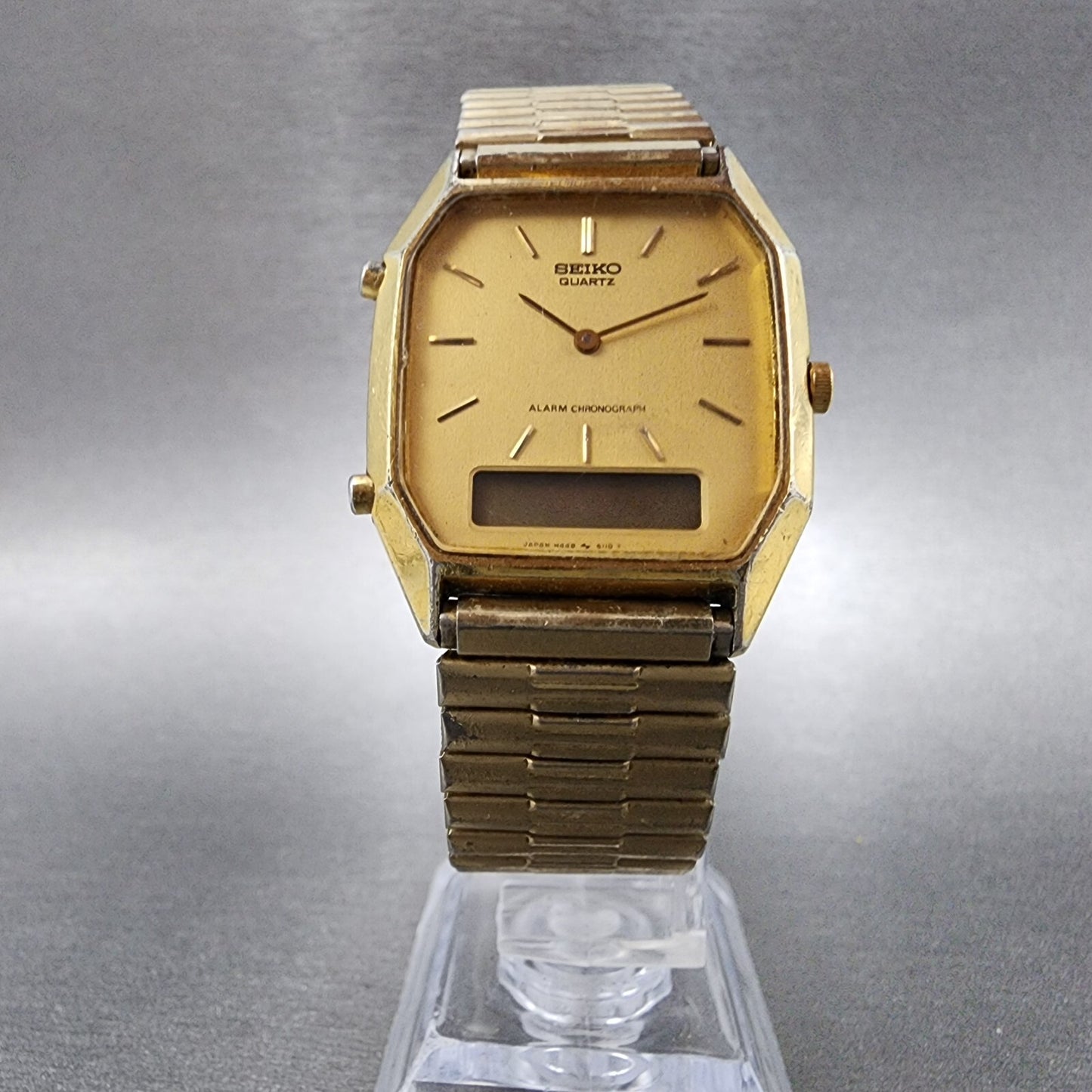 Seiko Analog Digital Watch Men 30mm Gold Dial Gold Tone Rectangle H448-5069 PART