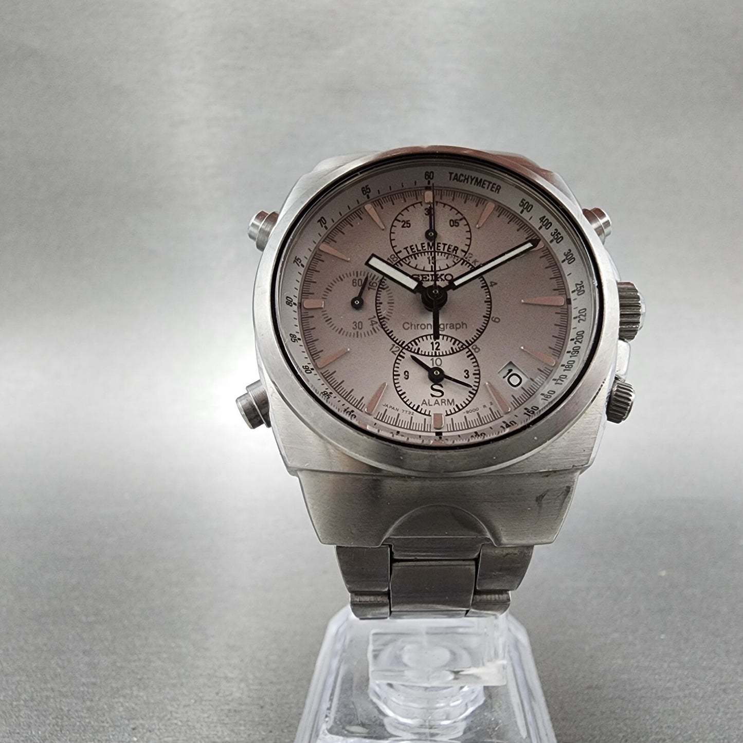 Seiko Chronograph Watch Men 38mm Gray Dial Silver Tone Date 7t32-9000 New Batt