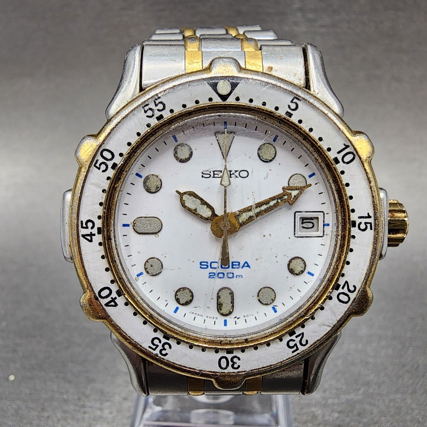 Seiko Scuba Watch Men 38mm White Dial Two Tone Date 5h25-6020 New Battery