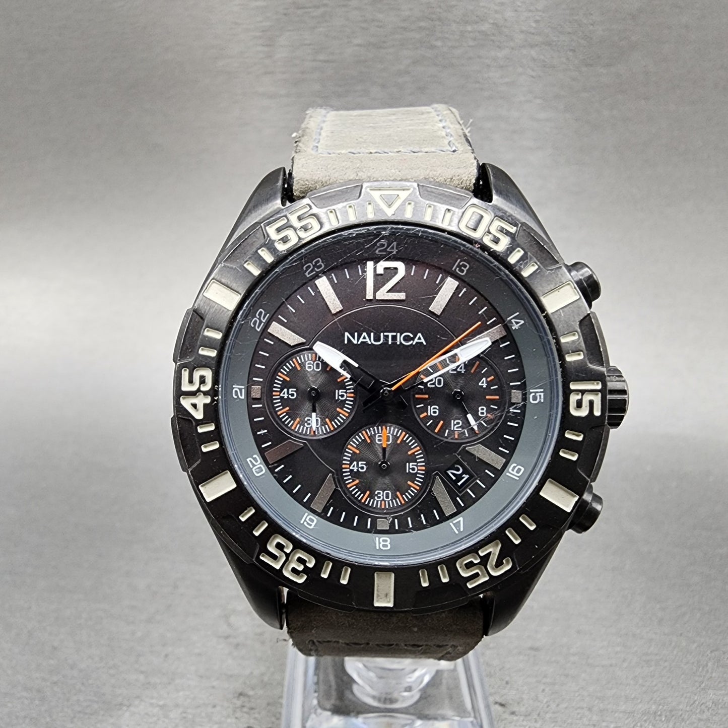 Nautica Chronograph Dive Watch Men 45mm Gray Dial Black Tone Date Round New Batt