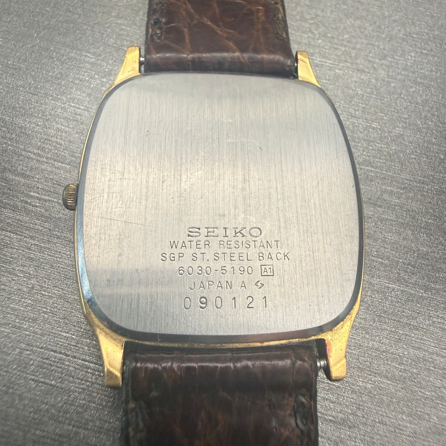 Seiko Watch Men 31mm Champagne Dial Gold Tone Rectangle 6030-5190 New Battery10