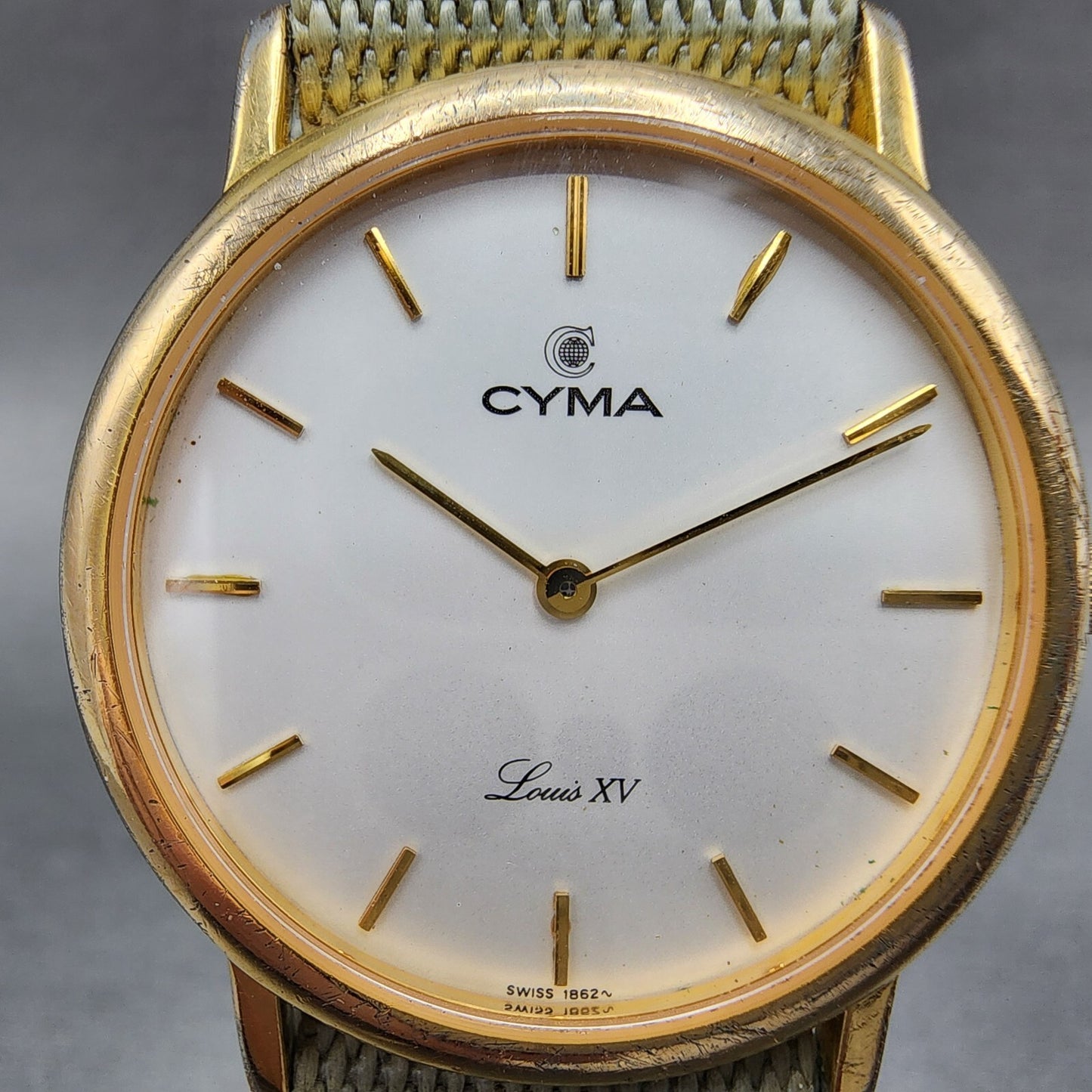 Cyma Louis XV Watch Men 32mm White Dial Gold Tone Round Nato Strap New Battery
