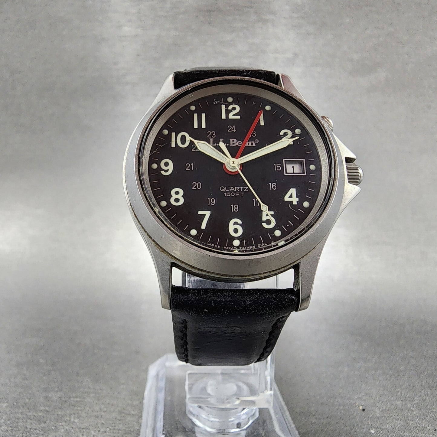 LL Bean Alarm Watch Men 34mm Black Dial Stainless Steel Date Round New Battery