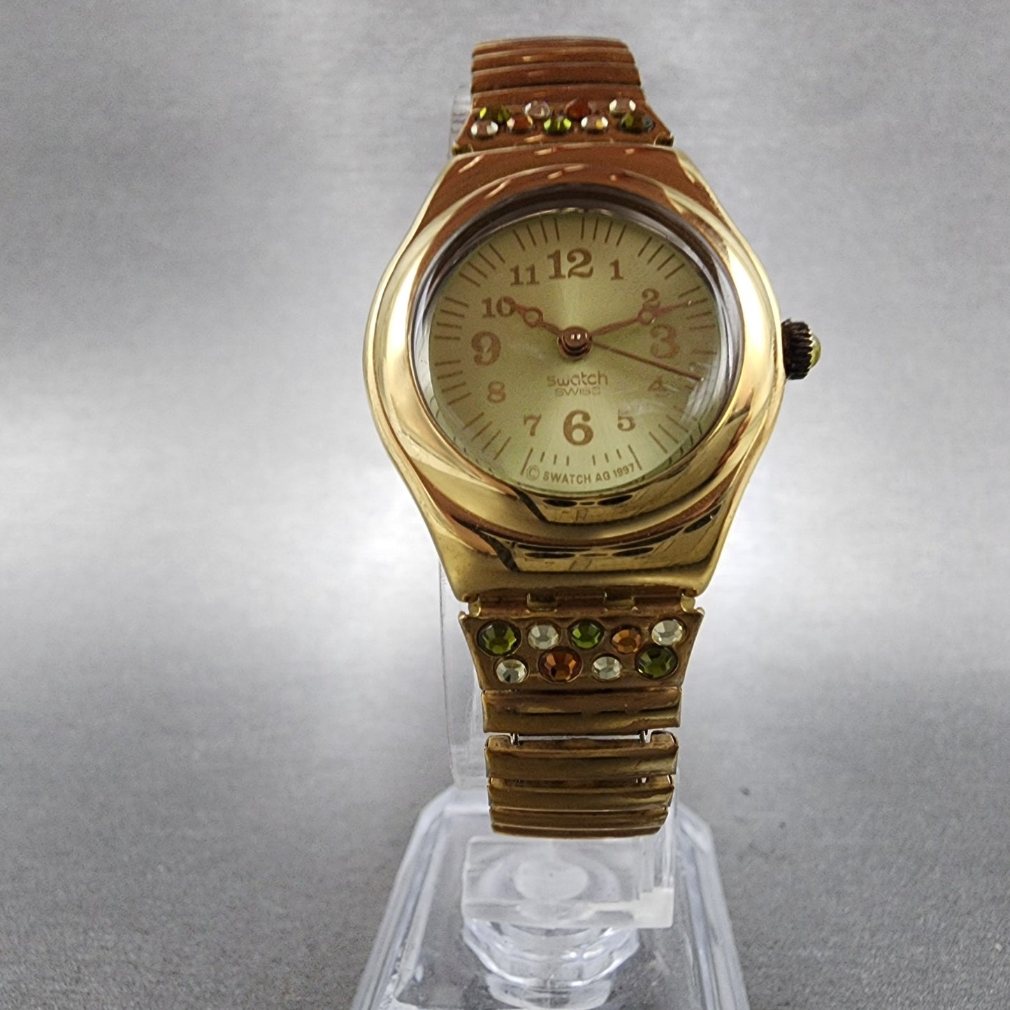 Swatch Irony FLORA Watch Women 25mm Champagne Dial Roes Gold Tone Round New Batt