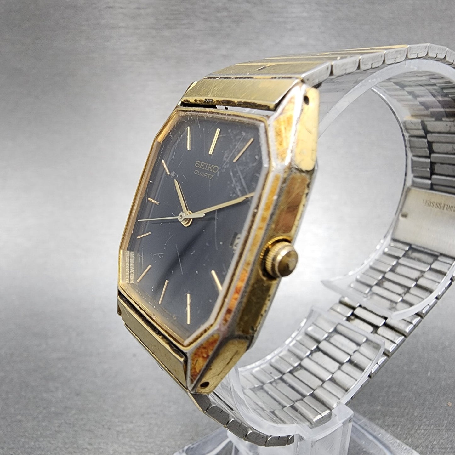 Seiko Watch Men 26mm Black Dial Gold Tone Date Octagon 6532-5310 New Battery