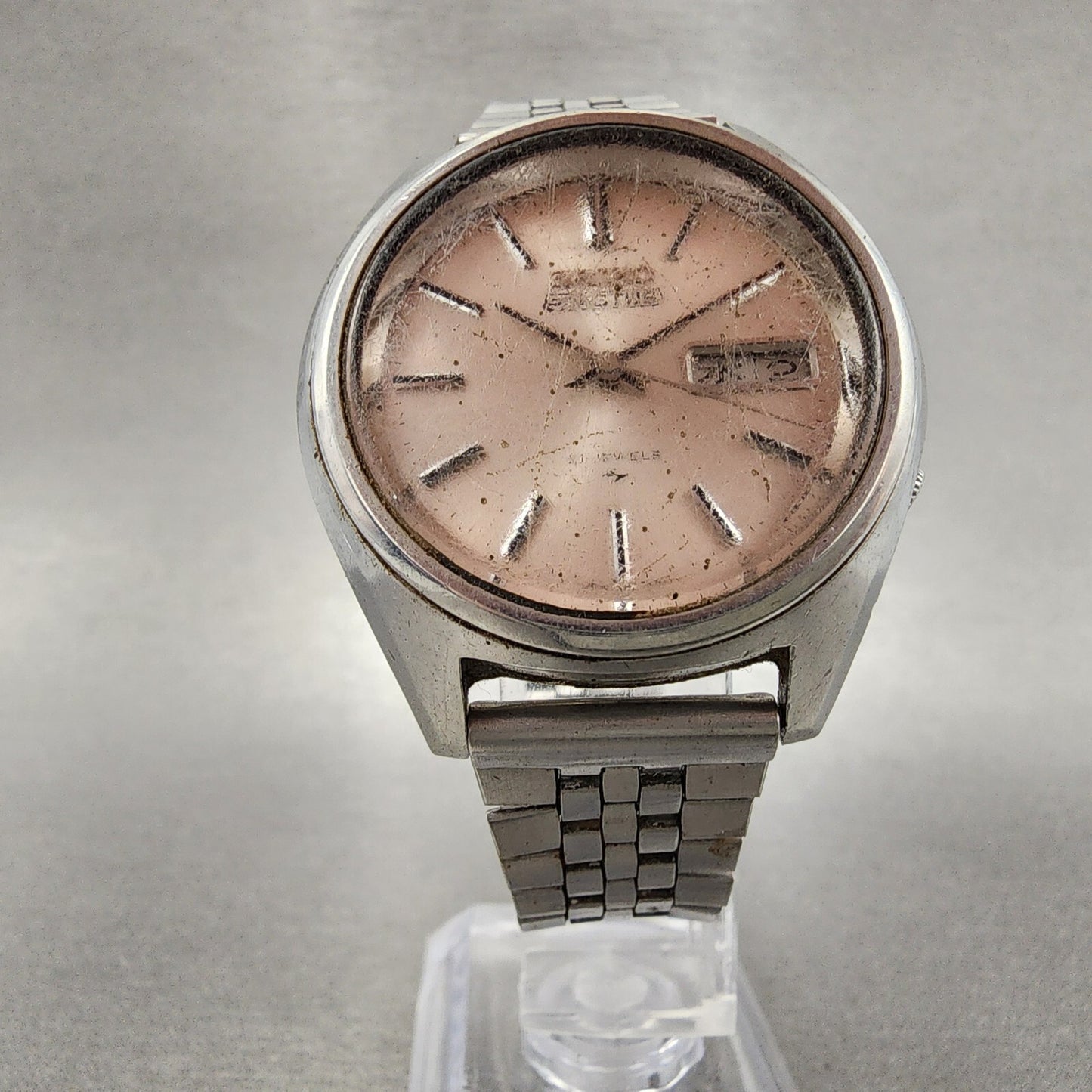 Seiko 5Actus Watch Men 38mm Silver Dial Silver Tone Daydate 7019-7060 Runs