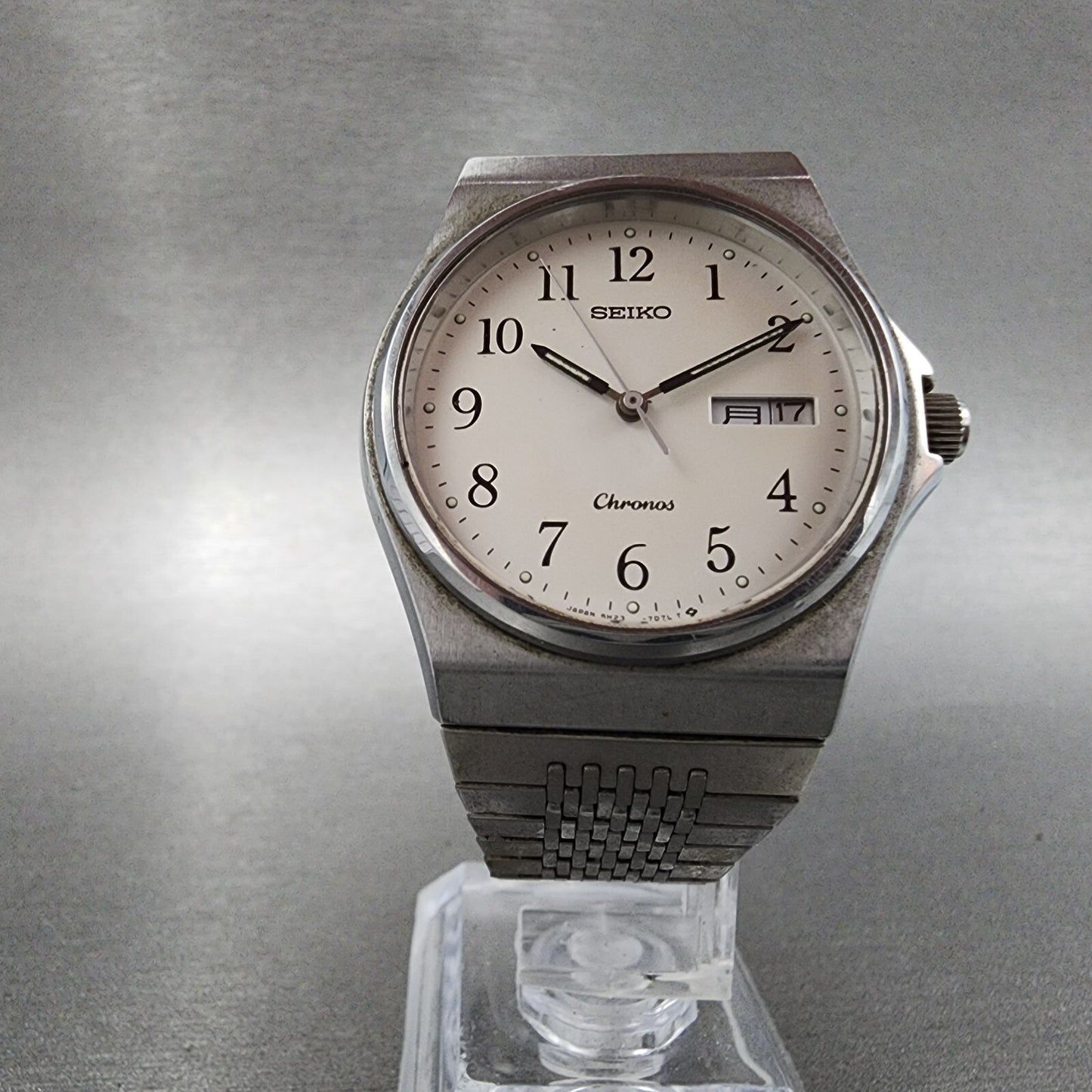 Seiko Chronos Watch Men 35mm Silver Tone Silver Dial Daydate 5h23-7d20 PARTS