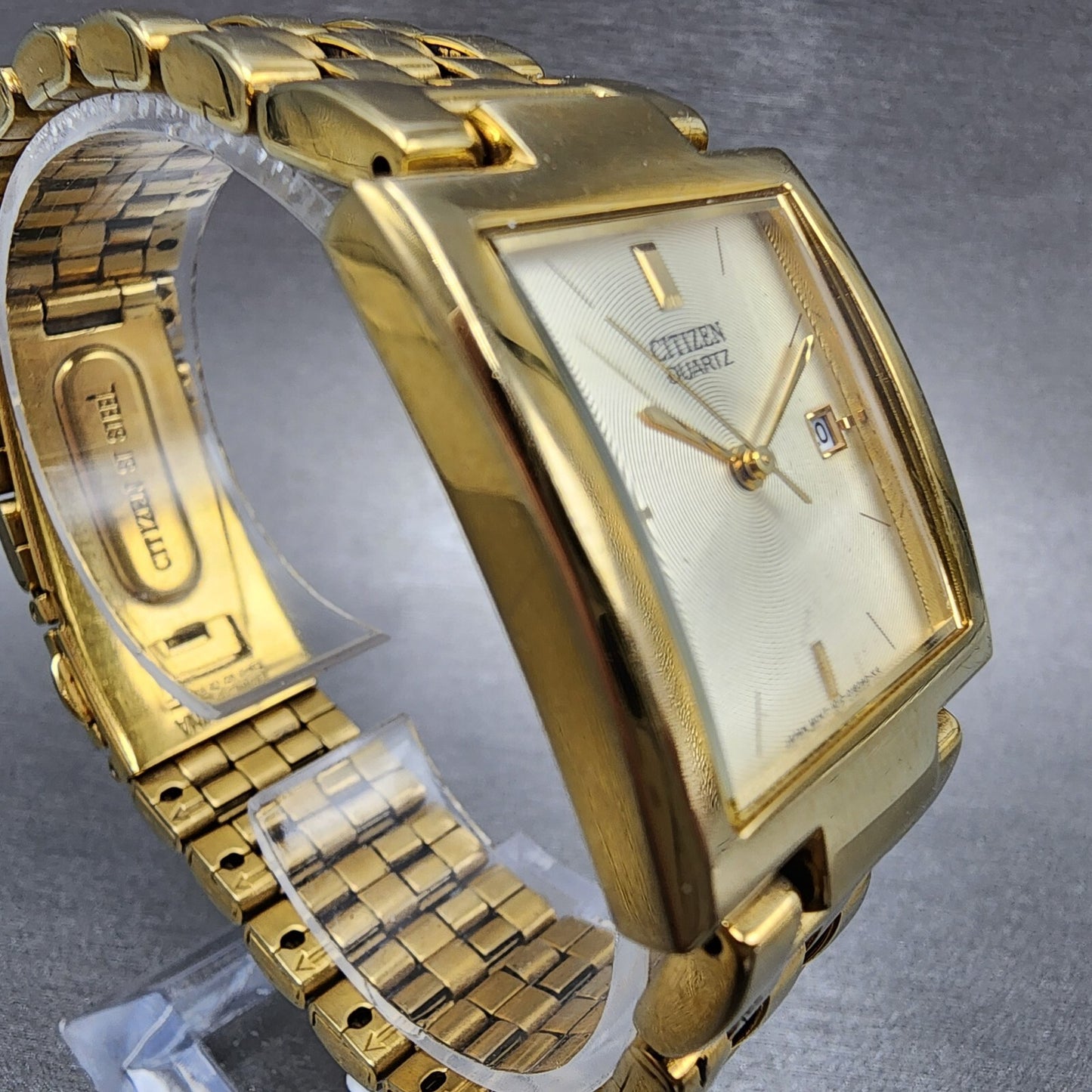 Citizen Tank Watch Men 27mm Champagne Dial Gold Tone Rectangle New Battery