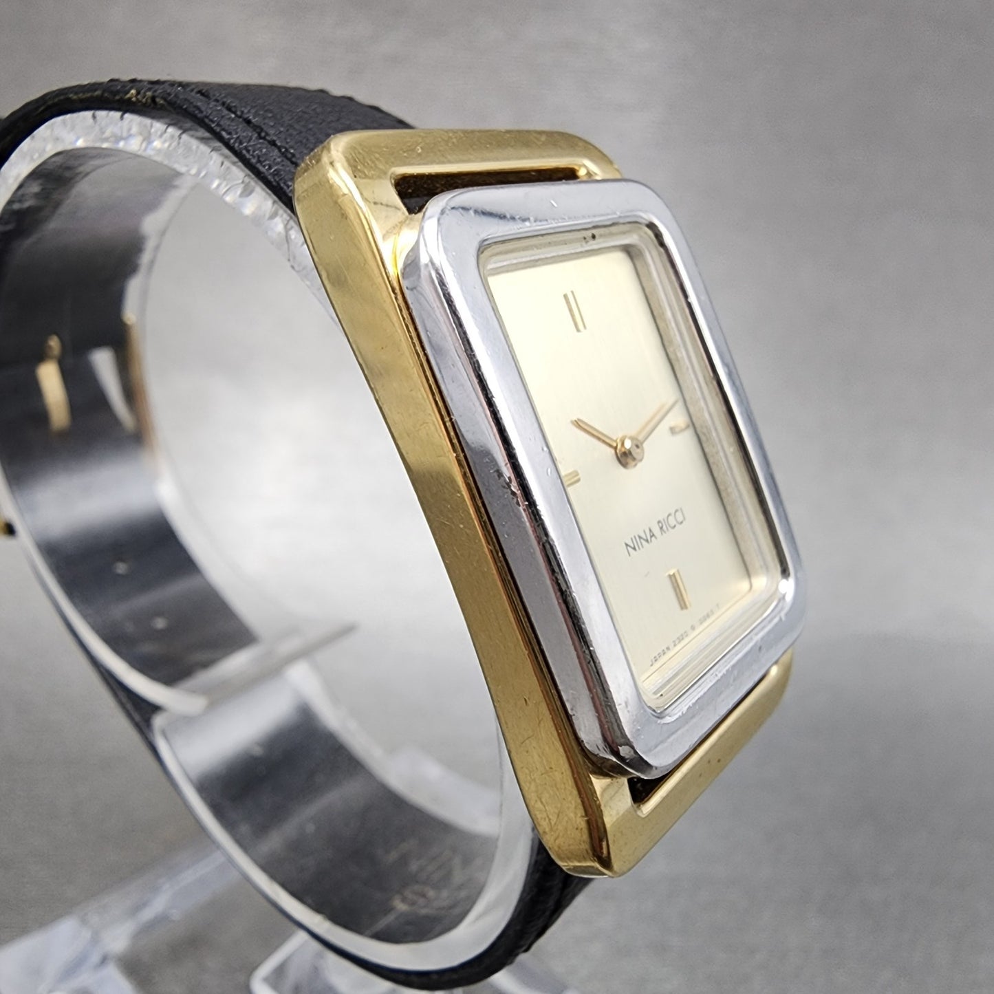 Nina Ricci Tank Watch Women 21mm Champagne Dial Two Tone Rectangle New Battery