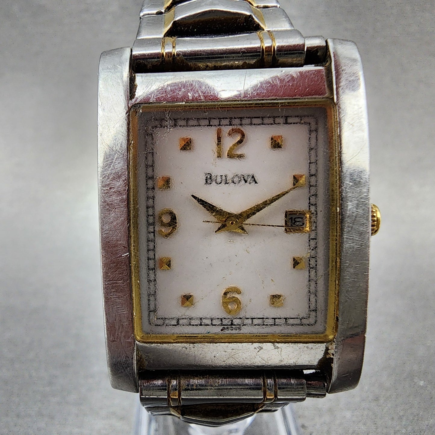 Bulova Tank Watch Men 27mm White Dial Two Tone Date Rectangle 98G85 New Battery