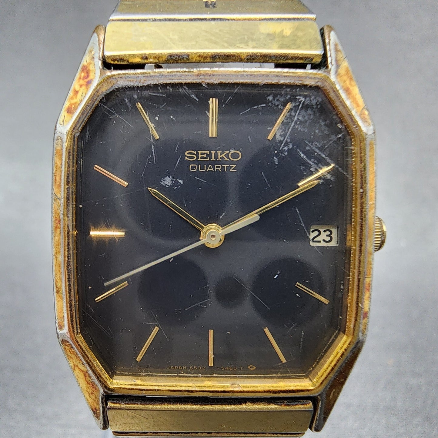 Seiko Watch Men 26mm Black Dial Gold Tone Date Octagon 6532-5310 New Battery