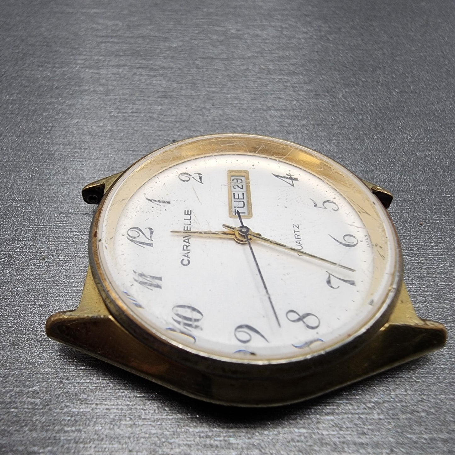 VTG Caravelle Watch Men 35mm White Dial Gold Tone Daydate Round PARTS