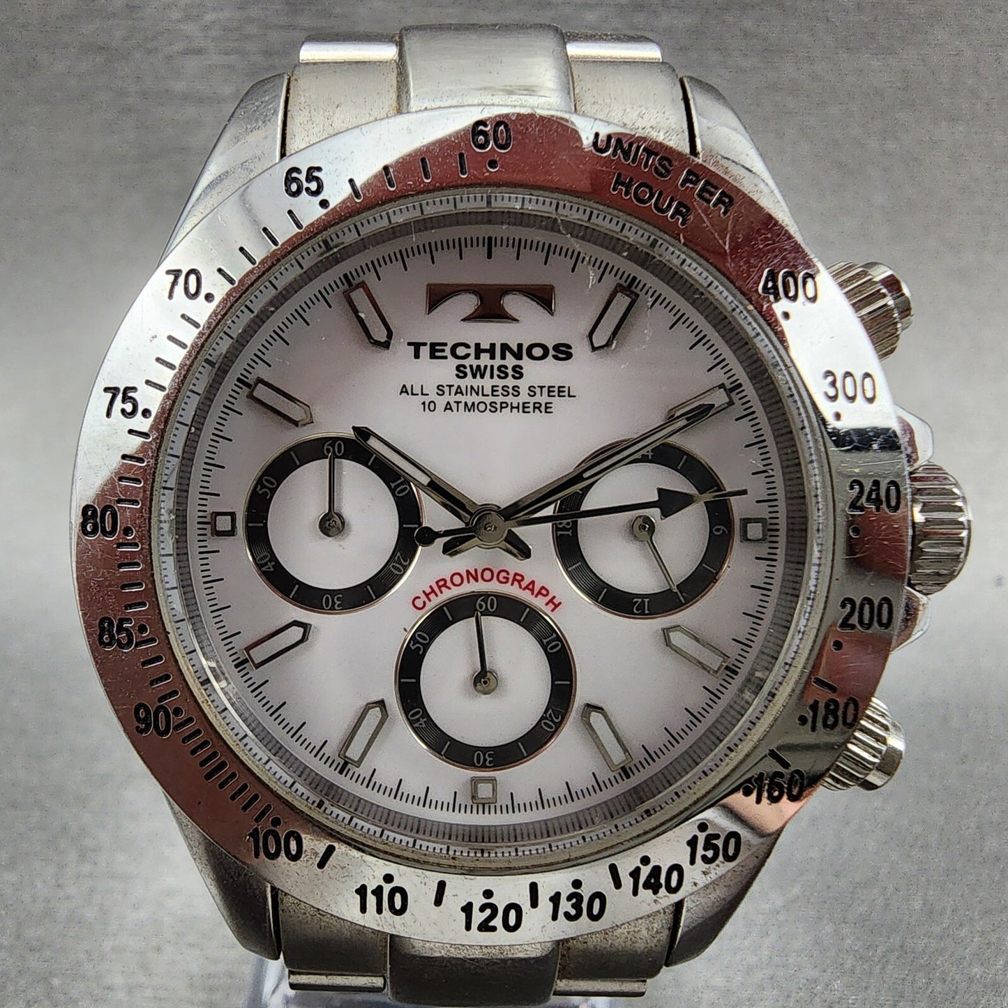 Technos Chronograph Watch Men 39mm White Dial Steel Round TGM615 New Battery