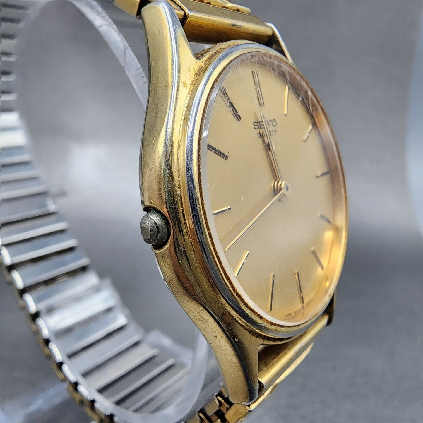 Seiko Alarm Watch Men 32mm Gold Dial Gold Tone Round READ!!!! 5C20-6009 New Batt