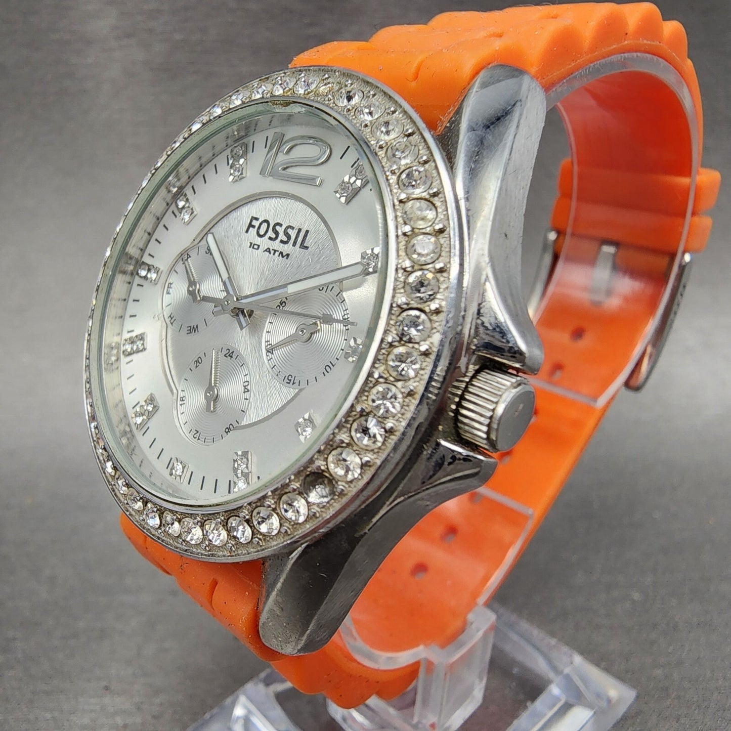 Fossil Riley Watch Women 39mm Silver Dial Stainless Steel Daydate Round New Batt