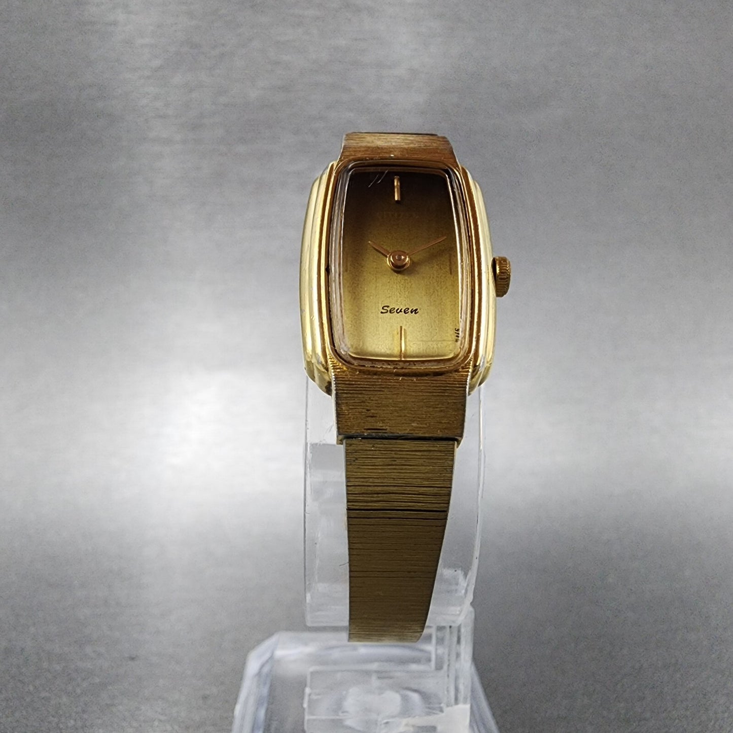 VTG Citizen Seven Watch Women 16mm Brown Dial Gold Tone Rectangle New Battery