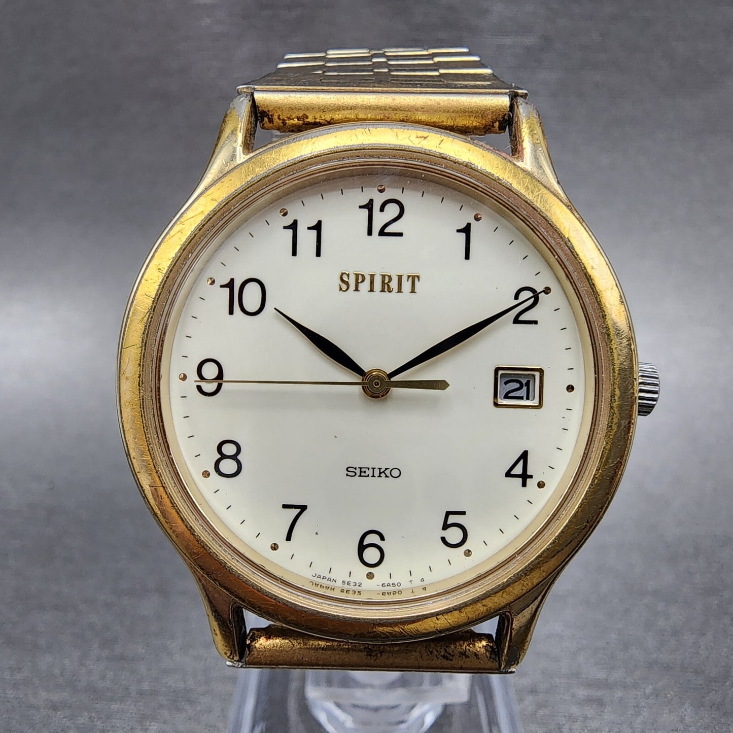 Seiko Spirit Watch Men 33mm White Dial Gold Tone Date Round 5E32-6A3A New Batt